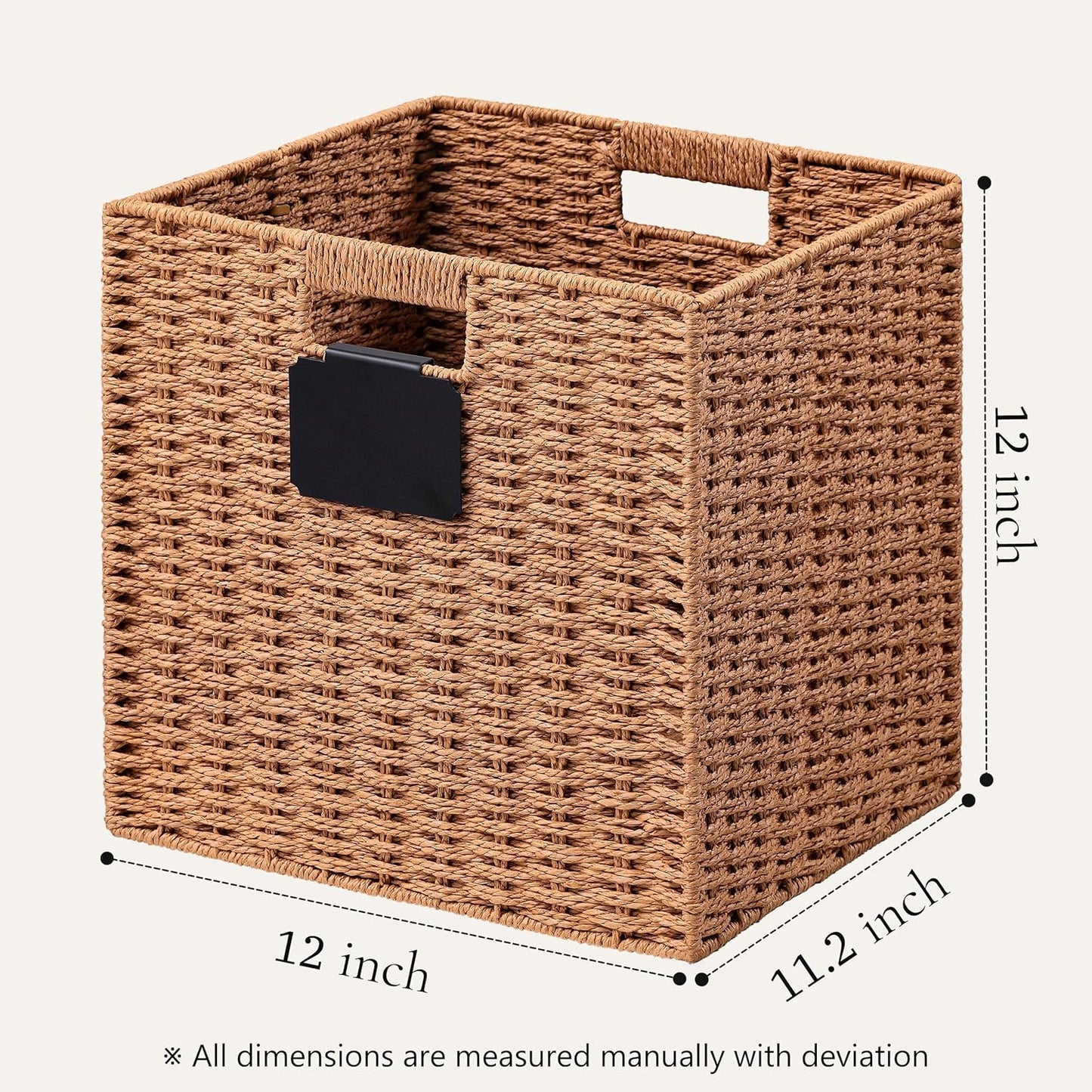 UBBCARE 4 Pack Wicker Basket, 12×12 Storage Cubes with Label, Foldable Cube Storage Bin with Handle, Square Storage Basket for Shelves, Woven Paper Rope Basket for Organizing, Caramel
