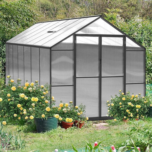 8x14 FT Green House for Outdoor, Polycarbonate Aluminum Walk-in Greenhouse Kit with Lockable Door and Adjustable Roof Vents, Backyard Garden in Winter, Gray