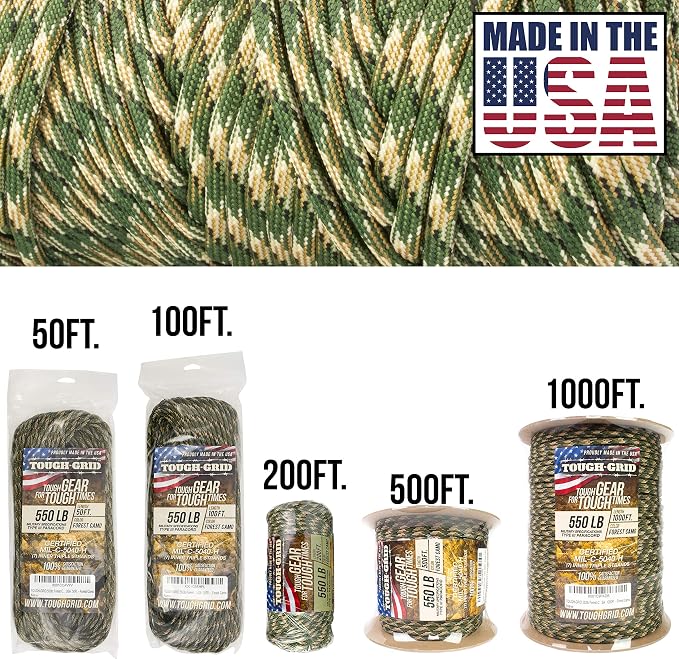 TOUGH-GRID 550 Paracord, Type III Mil-Spec Nylon Rope - 50 Ft Forest Camo - Image 2