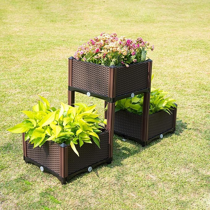 D'vine Dev Planter Raised Beds - Elevated Planter Garden Box with Drainage Plug Raised Garden Beds for Vegetable/Flower/Herb Outdoor Standing Planter Beds Gardening Kit, RGB-3