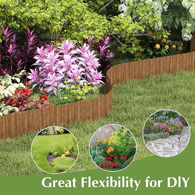 Metal Garden Edging Border, Corrugated Steel Landscaping, DIY for Lawn (Rusty, 6 Inch x 10FT)