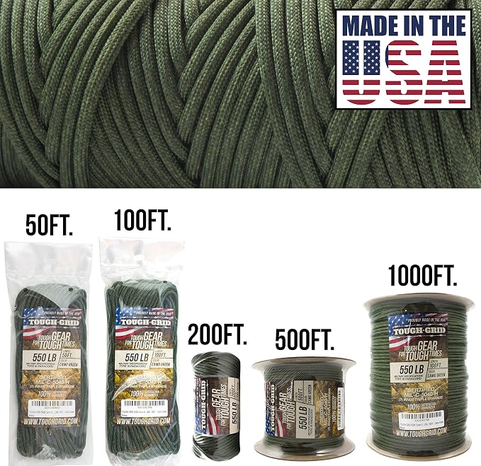TOUGH-GRID 550 Paracord, Type III Mil-Spec Nylon Rope - 1000 Ft Camo Green - Image 2